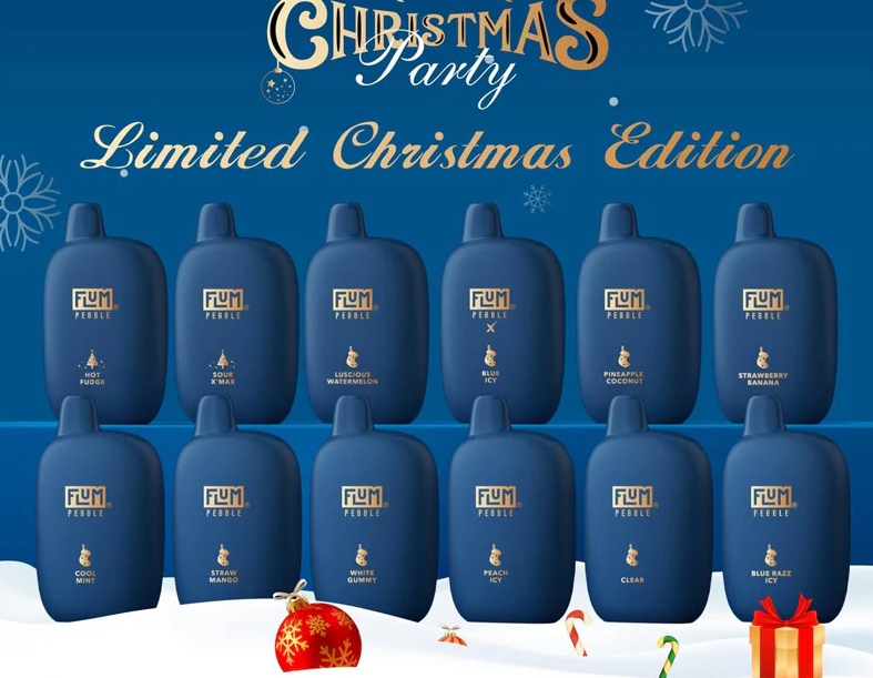 FLUM PEBBLE 6000 Puffs Vape (vianočn&eacute; vydanie) - modr&yacute; razz ľadov&yacute;: Vapingov&yacute; z&aacute;žitok pln&yacute; sviatočn&eacute;ho k&uacute;zla